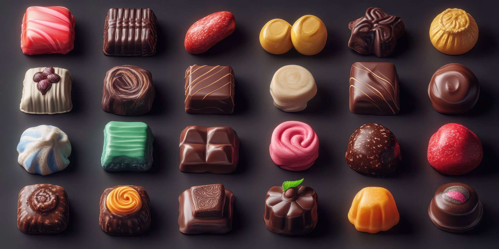 Colorful assortment of gourmet chocolates displayed on a dark background in an elegant arrangement